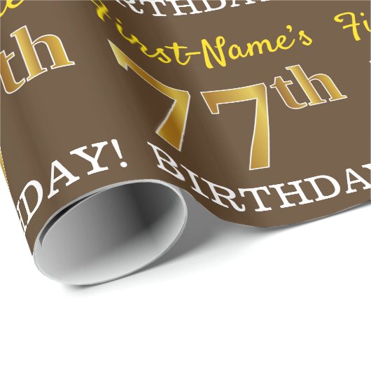 Brown, Imitation Gold look "77th BIRTHDAY" Cadeaupapier (Rol Hoek)