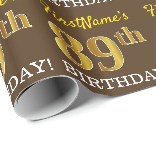 Brown, Imitation Gold look "89th BIRTHDAY" Cadeaupapier (Rol Hoek)