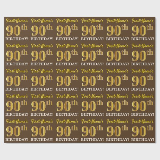 Brown, Imitation Gold look "90th BIRTHDAY" Cadeaupapier (Vlak)
