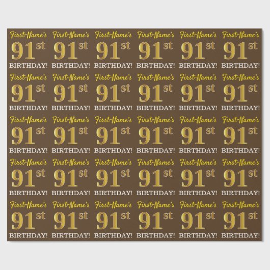 Brown, Imitation Gold look "91st BIRTHDAY" Cadeaupapier (Vlak)