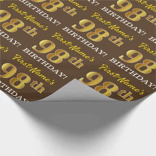 Brown, Imitation Gold look "98th BIRTHDAY" Cadeaupapier (Hoek)