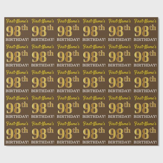 Brown, Imitation Gold look "98th BIRTHDAY" Cadeaupapier (Vlak)