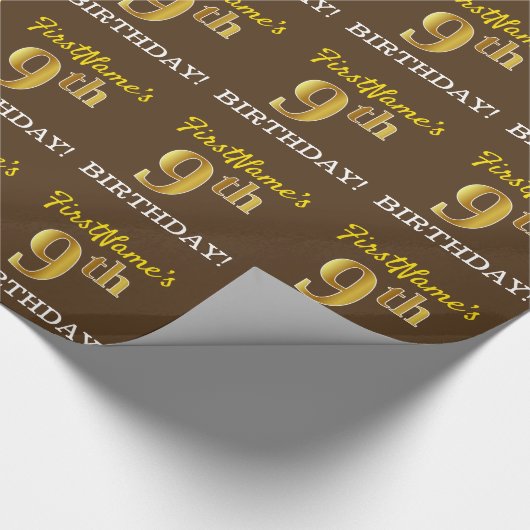Brown, Imitation Gold look "9th BIRTHDAY" Cadeaupapier (Hoek)