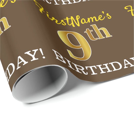 Brown, Imitation Gold look "9th BIRTHDAY" Cadeaupapier (Rol Hoek)