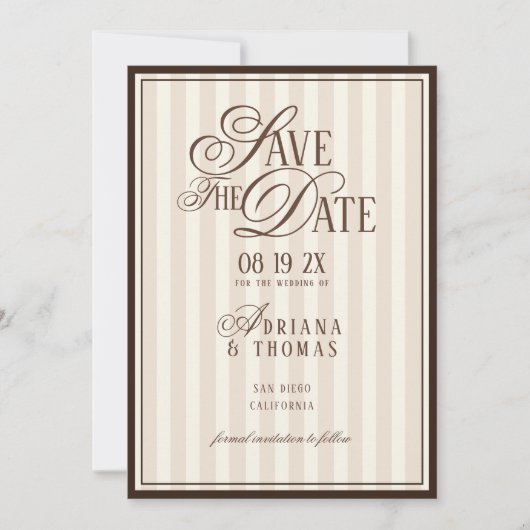 Brown Ivory Striped Old Money Calligraphy Wedding Save The Date (Voorkant)