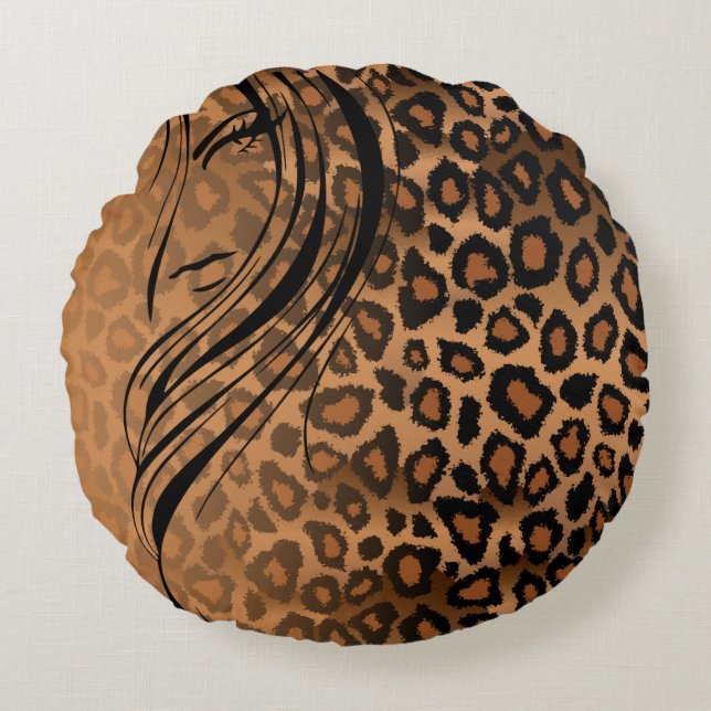 Brown Jaguar Gradient Animal Print met Girl Rond Kussen (Voorkant)