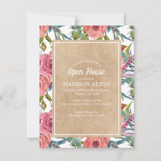 Brown Kraft Pink Boho Floral Afstuderen Open House Kaart (Voorkant)