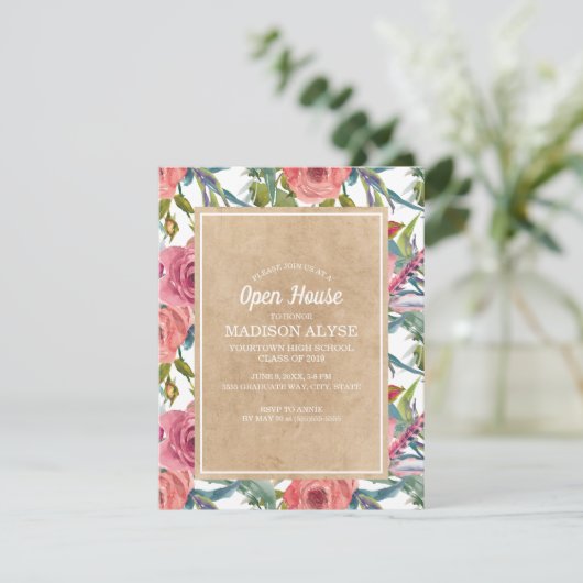 Brown Kraft Pink Boho Floral Afstuderen Open House Kaart (Staand voorkant)