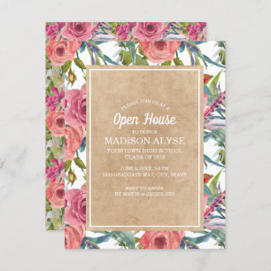 Brown Kraft Pink Boho Floral Afstuderen Open House Kaart