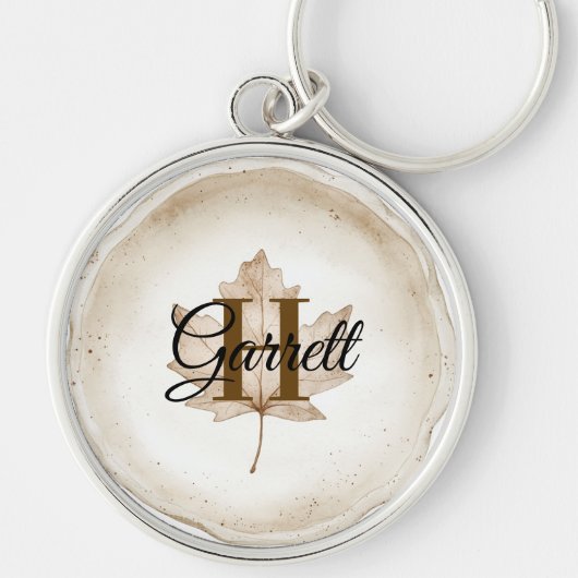Brown Leaf Monogram Name Sleutelhanger (Voorkant)