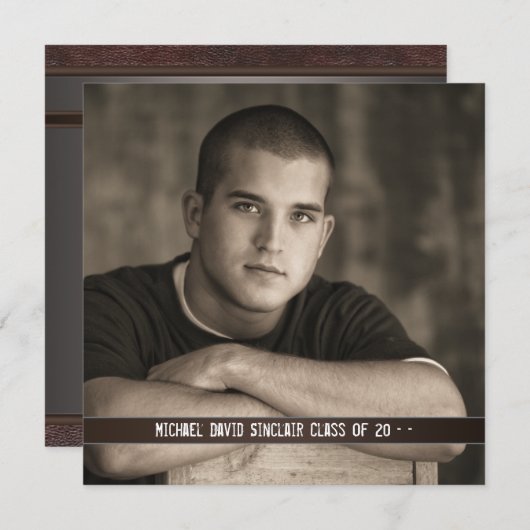 Brown Leather Boys Foto Afstuderen Aankondiging (Voorkant / Achterkant)