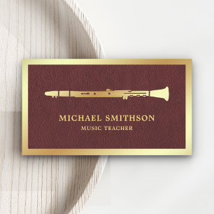 Brown Leather Gold Foil Clarinet Music Teacher Visitekaartje