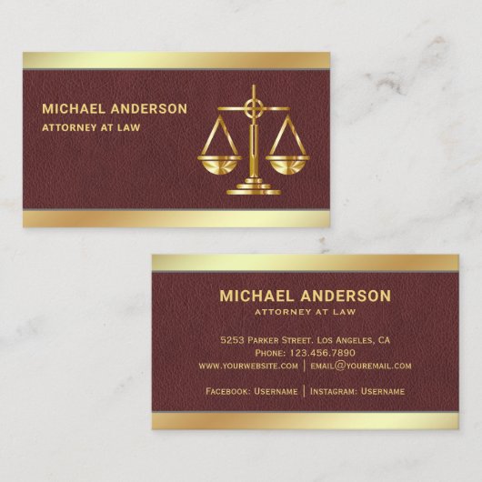 Brown Leather Gold Justice Scale advocaat Visitekaartje (Voorkant / Achterkant)