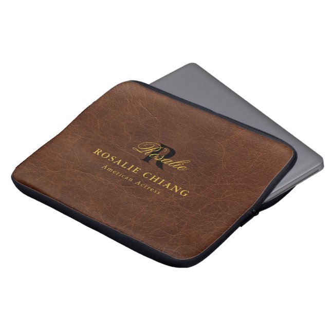 Brown Leather Texture Custom Laptop Sleeve Design (Voorkant top)