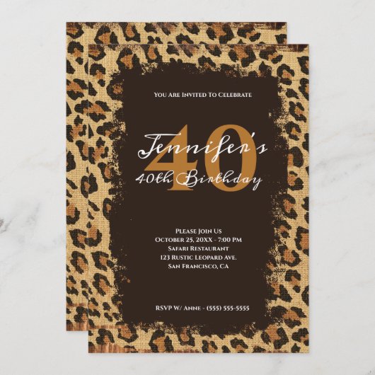 Brown Leopard Burlap Grunge 40th Birthday Kaart (Voorkant / Achterkant)