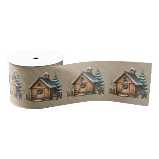 Brown Log House Christmas Scene Grosgrain Lint (Spoel)