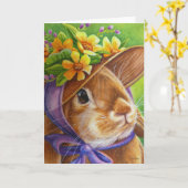 Brown Lop won konijn in Bonnet Waterverf Art Kaart (Gele Bloem)