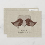 Brown Lovebirds Linnen Look Save the Date Aankondigingskaart (Voorkant / Achterkant)
