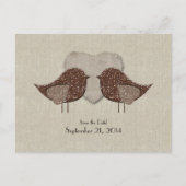 Brown Lovebirds Linnen Look Save the Date Aankondigingskaart (Voorkant)