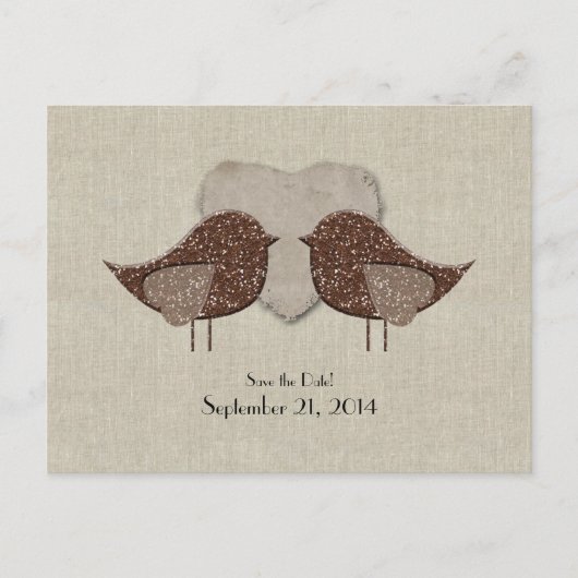 Brown Lovebirds Linnen Look Save the Date Aankondigingskaart (Voorkant)