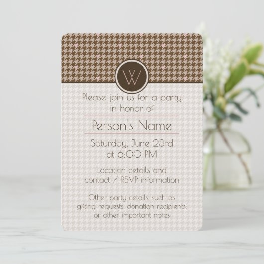 Brown met Roos Gold Houndstooth Party Invitation Kaart (Staand voorkant)