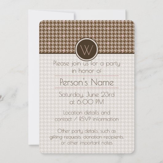 Brown met Roos Gold Houndstooth Party Invitation Kaart (Voorkant)