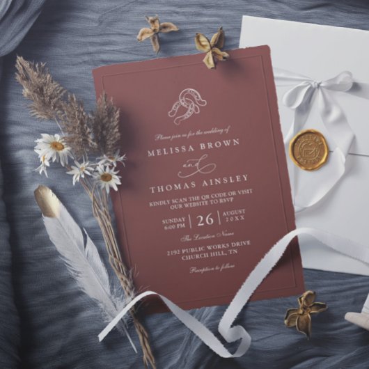 Brown Minimalist Horseshoe Rustic QR Code Wedding Kaart