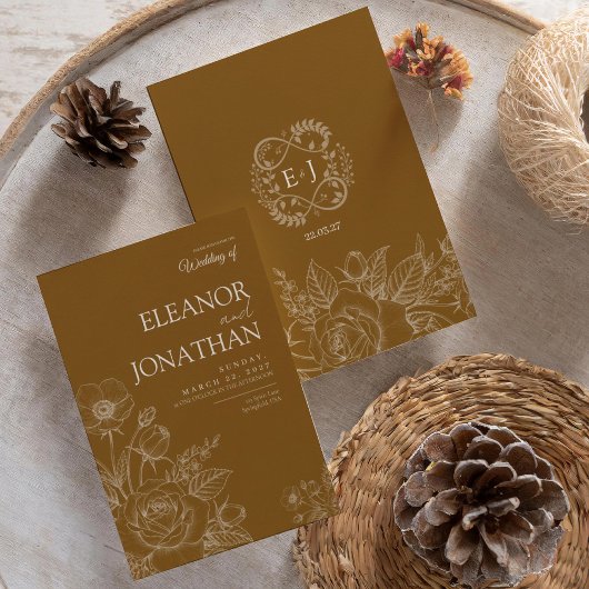 Brown Minimalist Rustic Floral Elegant Wedding  Kaart