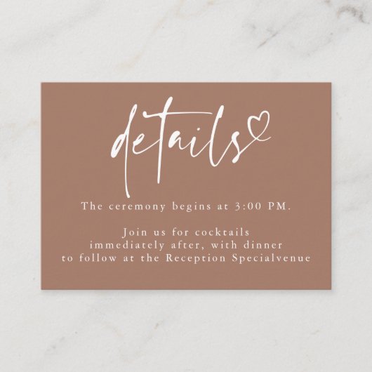 Brown Modern Minimalist Heart Wedding Details  Informatiekaartje (Voorkant)