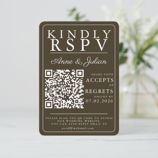 Brown Modern Photo RSVP Insert QR Code Kaartje (Staand voorkant)