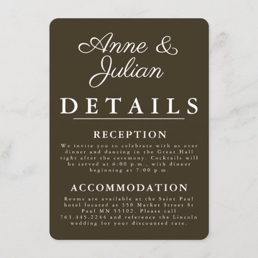 Brown Modern Wedding Details Card Insert QR Code Informatiekaartje (Voorkant)