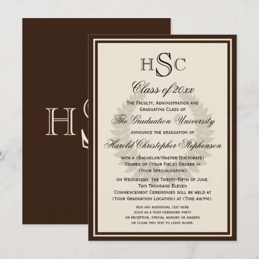 Brown Monogram Laurel Classic College Graduation Kaart (Voorkant / Achterkant)