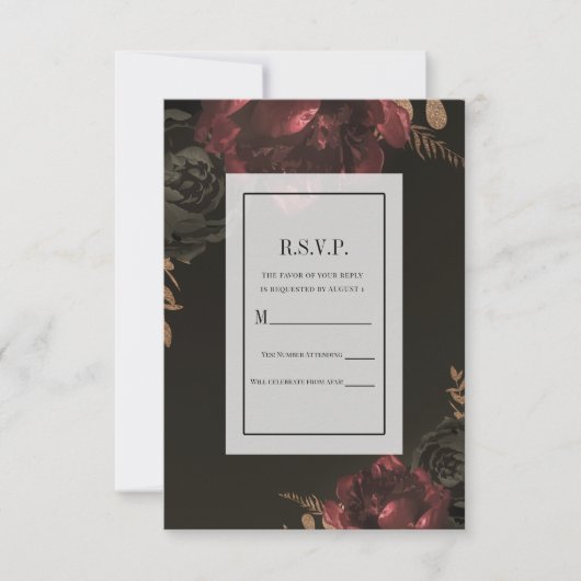 Brown Moody Dark Floral Gold Greenery RSVP Antwoor Kaart (Voorkant)