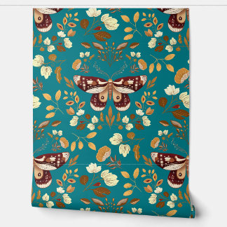 Brown Moth & Floral Wallpaper op Opvallend Blauwgr Behang