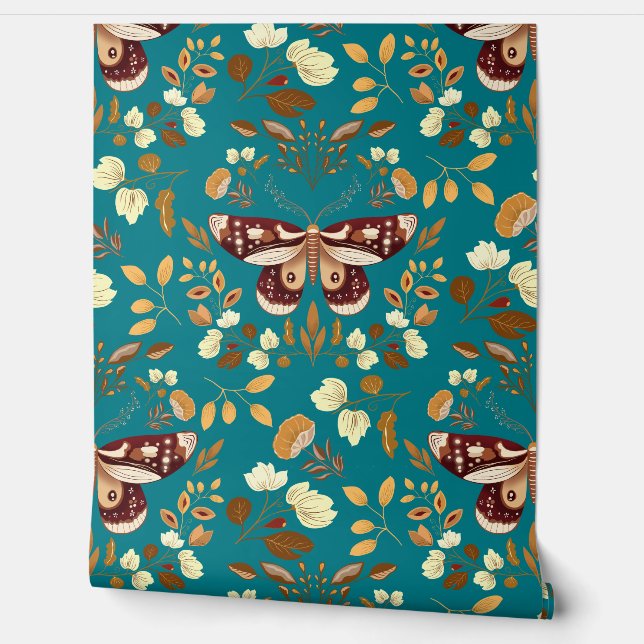 Brown Moth & Floral Wallpaper op Opvallend Blauwgr Behang (Afrollen)