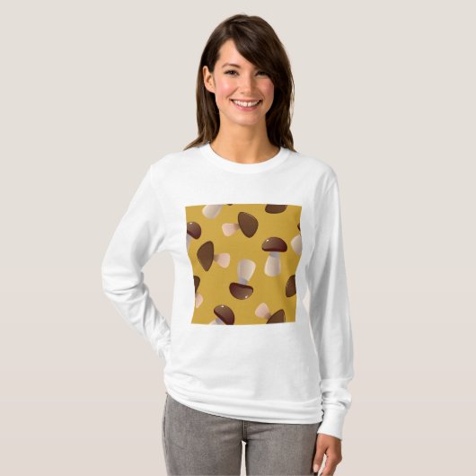 Brown Mushroom Pattern on Mustard Yellow T-shirt (Voorkant volledig)