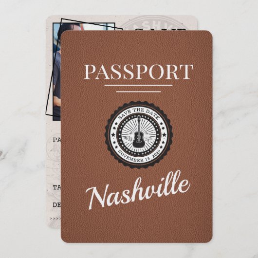 Brown Nashville Passport Bewaar de datum Save The Date (Voorkant / Achterkant)