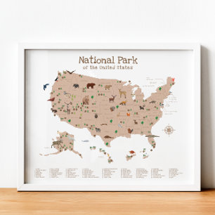 Brown National Park Kaart Woodland Nursery Print
