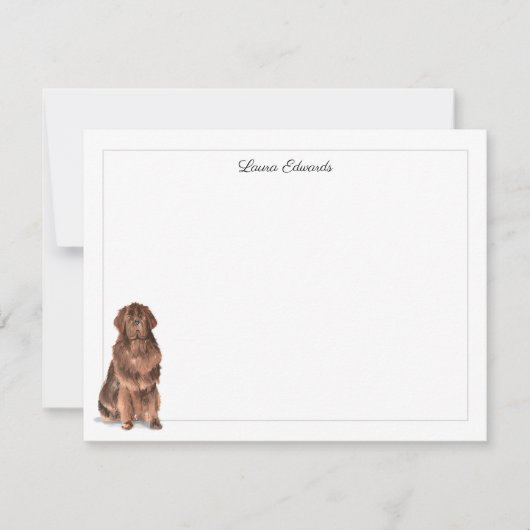 Brown Newfoundland Dog Gray Border Personalized Notitiekaartje (Voorkant)