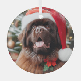 Brown Newfoundland Dog Santa Hat Ornament
