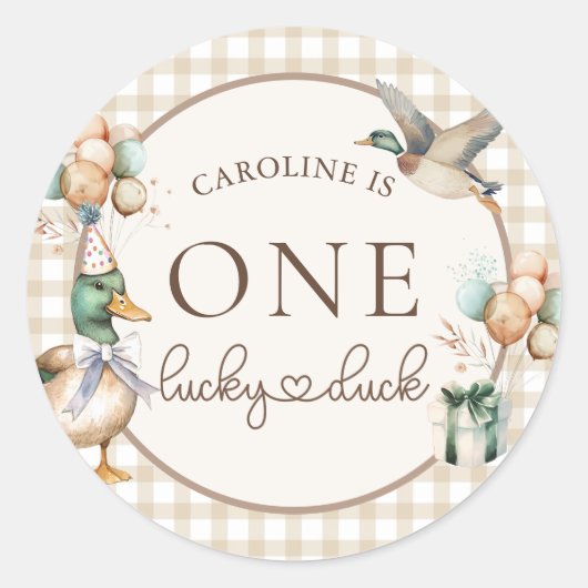 Brown One Lucky Duck Balloon 1st Birthday Sticker (Voorkant)
