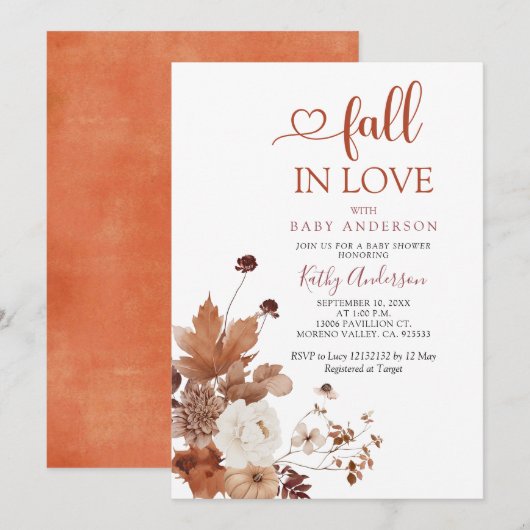 Brown Orange Wildflower Fall in Love Baby Shower Kaart (Voorkant / Achterkant)
