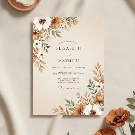 Brown Painterly Floral Flourish Wedding Kaart