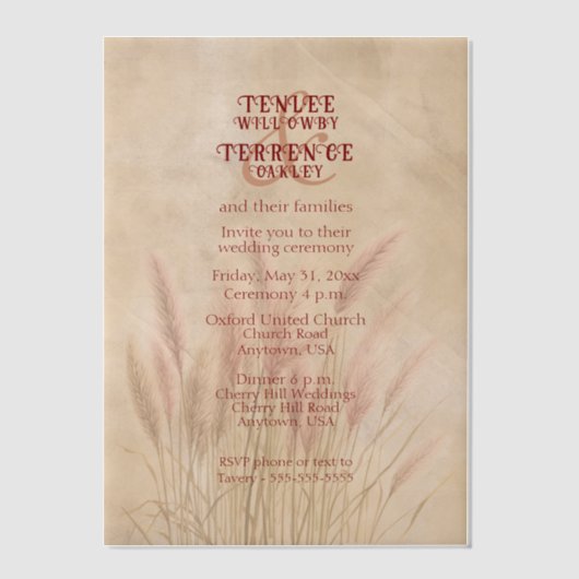 Brown Pampas Grass on Texture Background Wedding Vellum Uitnodigingen (Voorkant)