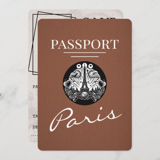 Brown Paris Passport Bewaar de datum Save The Date (Voorkant / Achterkant)
