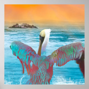 Brown Pelican ISLAND SUNSET Poster
