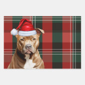 Brown Pit Bull Kersthond Red Green Plaid Inpakpapier Vel (Voorkant 3)