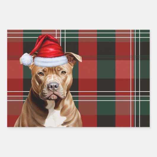 Brown Pit Bull Kersthond Red Green Plaid Inpakpapier Vel (Voorkant 3)