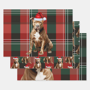 Brown Pit Bull Kersthond Red Green Plaid Inpakpapier Vel