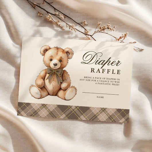 Brown Plaid Bear Baby Shower Diaper Raffle Informatiekaartje